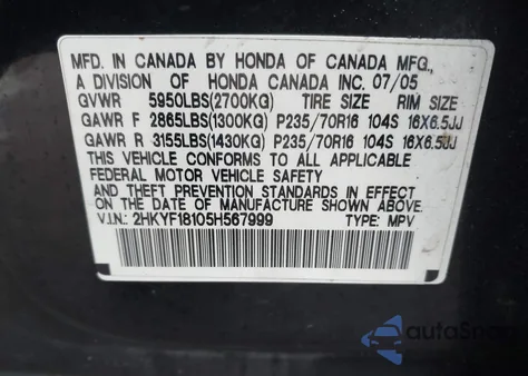 2005 Honda Pilot Lx z USA, uszkodzony, nr VIN 2HKYF18105H567999